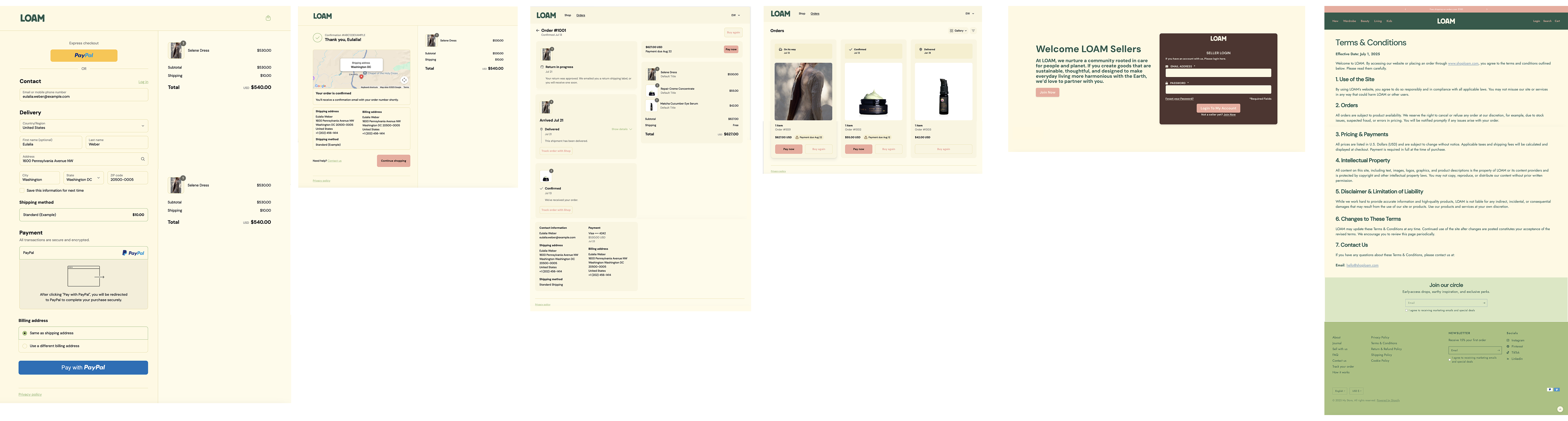 Mid-fidelity prototype: checkout, confirmation, order history, and seller login